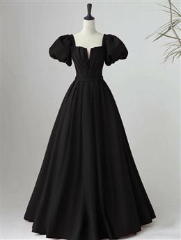 Picture of Black Color Satin Puffy Sleeves Long Evening Party Dresses, Black Color Long Formal Dresses